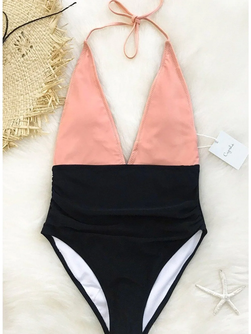 NWT Cupshe Peach and Black Halter Deep V neck One-Piece Swimsuit - Picture 2 of 7